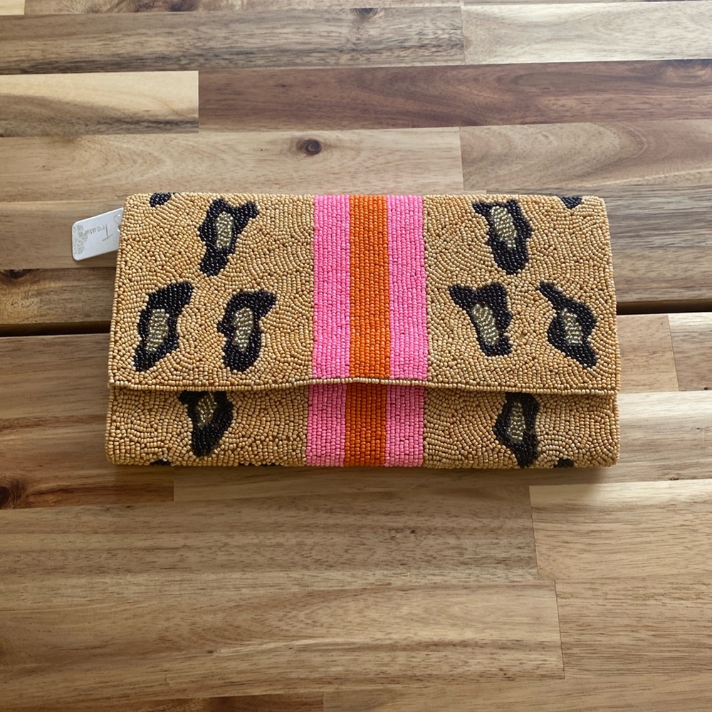 Completely Beaded Leopard 🐆 Striped Contrast Clutch/Shoulder Bag NWT